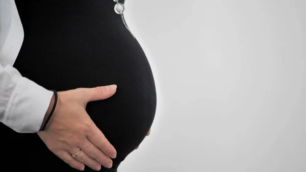 Side View Pregnant Woman Holding Her Hand Her Tummy Isolated — Stock Photo, Image