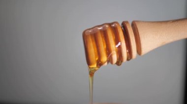 Bal damlatan bal. Sağlıklı beslenme, sürdürülebilir yaşam tarzı konsepti. Kopyalama alanı ile yakın çekim