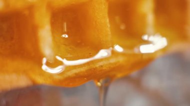 Ballı waffle 'lar. Sağlıklı kahvaltı. Taze Belçika waffle 'larının üzerine bal dökülüyor. 4K UHD video görüntüleri