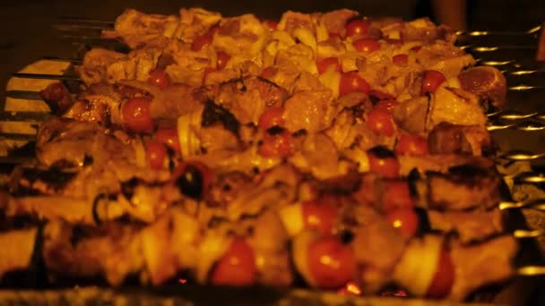 Cook Peče Šťavnatý Kebab Gril Křupavou Grilovanou Slowmotion — Stock video