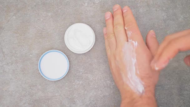 Closeup Man Hands Rubbing Aqueous Cream Dry Skin — Stock Video