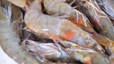 Sağlıklı deniz ürünleri, taze karides, balık, Makro. Bir sürü karides fırıl fırıl dönüyor. Sağlıklı Yemek Konsepti