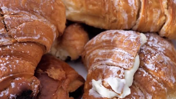 Close Video Footage Fresh Crispy Dough Croissants Filled Sweet Jam — Stock Video