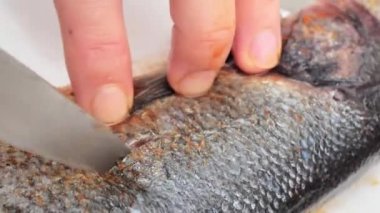 Stuff fresh cleaned trout with garlic. Marinade with spices and olive oil. Preparation of fish for baking.