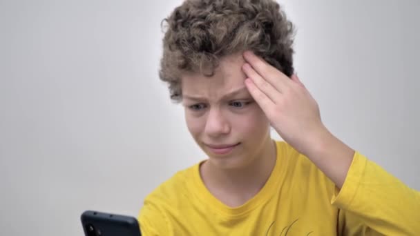 Teenage Boy Squeezes Acne While Looking Phone Problem Teenage Acne — Video Stock
