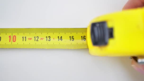 Measuring Yellow Tape Measure Scale Centimeters Wooden Boards Marking Place — Stockvideo