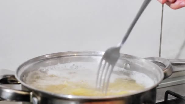 Chef Stirs Ready Spaghetti Pasta Pan Kitchen Food Ingredient Cooking — Stock videók