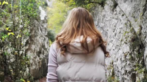 这个女孩穿过天然的森林 一个女人独自远足秋天公园里人声鼎沸 积极的生活方式 森林里的人一个游客在秋天的森林公园散步 — 图库视频影像