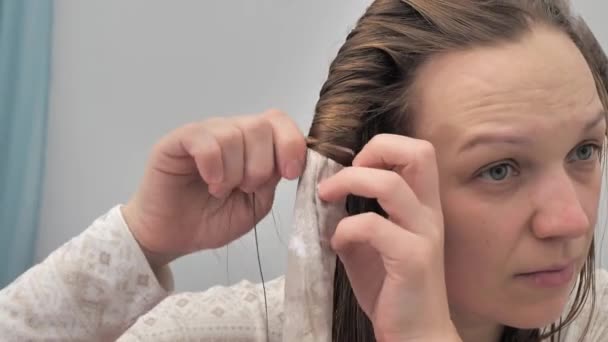 Portrait Young Woman Styling Her Hair Girl Does Her Hair — Wideo stockowe