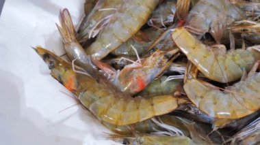 Sağlıklı deniz ürünleri, taze karides, balık, Makro. Bir sürü karides dönüyor..