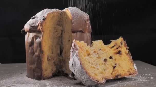 Sprinkling Sweet Powdered Sugar Italian Pandora Typical Christmas Cake Sliced — Stok video