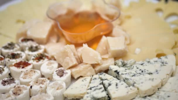 Cheeses Different Varieties Laid Out Plate — Stock videók