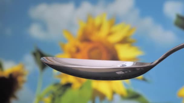 Pour Olive Oil Spoon Sunflower Background — Vídeos de Stock