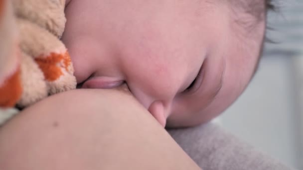 Немовля Відсмоктує Груди Матері Крупним Планом Малюк Відпочиває Розслабляється Насолоджуючись — стокове відео