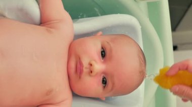 A mother bathes her 2-month-old son in a baby bath. The concept of caring for a newborn baby. Vertical video