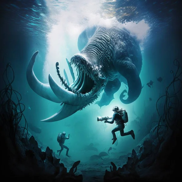 Sea monster attacks diver, fantasy underwater scene