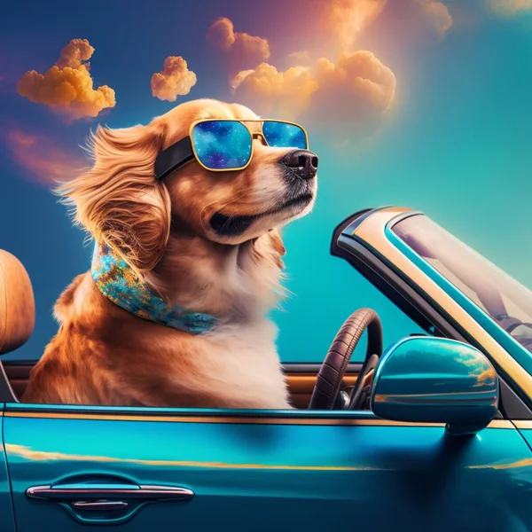 Dog driving car 3d blue sky background HDRI glasses - enhanced.
