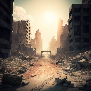 Apocalyptic view of destroyed city buildings, post apocalypse after world war.