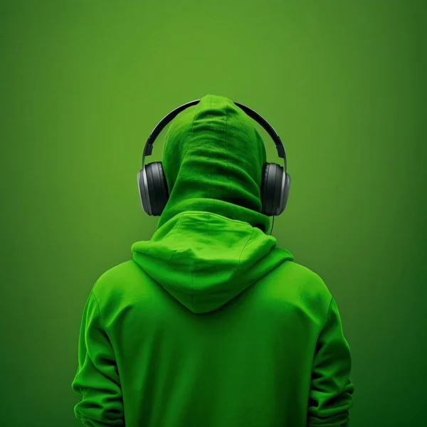 Unrecognizable person from behind wearing headphones wearing green clothing on green background, Artwork, Conceptual