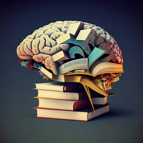 Conceptual art collage of brain on books representing science and knowledge.