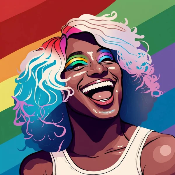 Black transgender person in wig laughing on gay or lgbtq flag background.