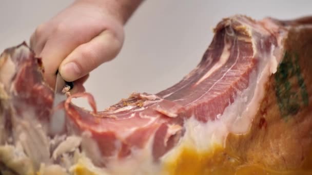 Jamon Serrano Traditional Spanish Ham Close Sliced Jamon Iberico Close — Stockvideo