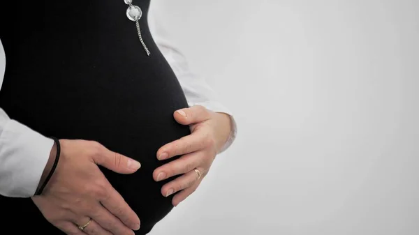 Side View Pregnant Woman Holding Her Hand Her Tummy Isolated — Stock Photo, Image