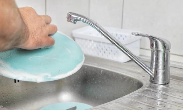 Cleaning Dishware Kitchen Sink Sponge Washing Dish — Stock Photo, Image