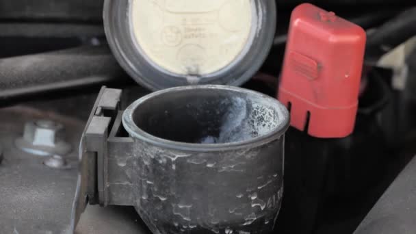 将塑料罐中的液体倒入汽车清流液罐 — 图库视频影像