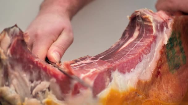 Jamon Serrano Traditional Spanish Ham Close Sliced Jamon Iberico Close — Vídeo de Stock