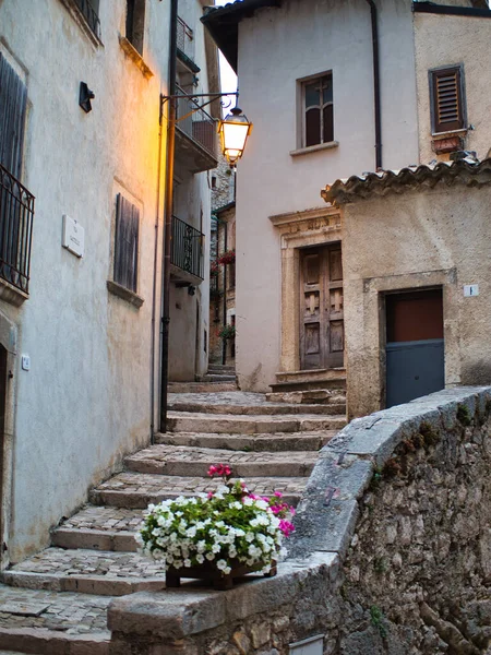 意大利 一个阳光普照的小镇 奇幻的花朵点缀着一条阳光普照的狭窄街道 楼梯点缀着 — 图库照片