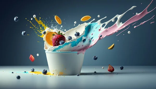 yogurt with fruits and nuts, splashes of water, light blue.