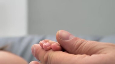 Yeni doğmuş bebekler, aile sevgisinin ve güvenin sembolü olarak babasının elini tutmaya çalışıyor. Ebeveynlerin çocuklarıyla geçirdiği anlar. Aile sağlık hizmetleri ve tıbbi beden babalar günü konsepti. Yeni doğan.