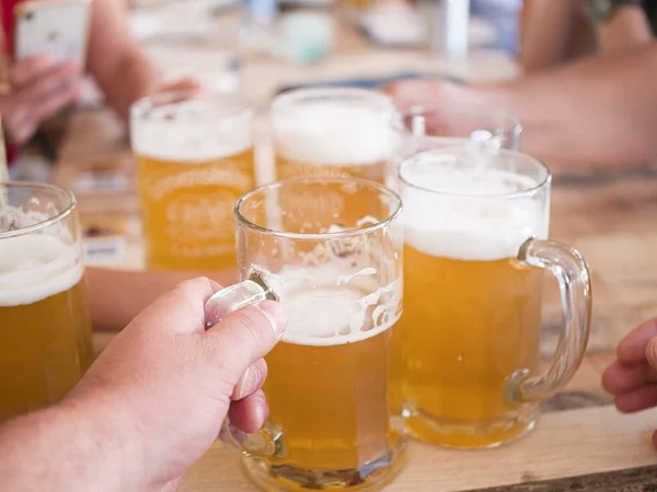 几杯淡啤酒 一帮人用眼镜喝啤酒的人 — 图库照片