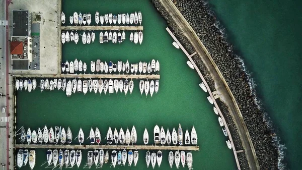 Aerial Top View Parked Boats Motorboats Sailboats Marina Piers — Stock Photo, Image