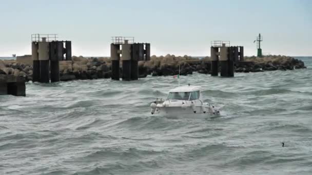 Ein Weißes Boot Fährt Nachmittag Mit Hoher Geschwindigkeit Die Bucht — Stockvideo