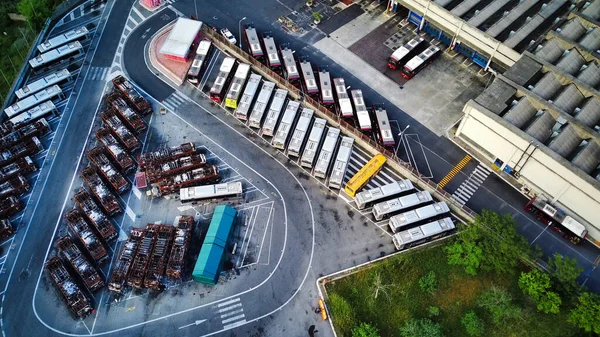 Bus Depot Red Buses Top View Aerial Drone Shot — Stock Photo, Image
