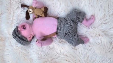 a newborn boy in a suit and hat is crying with a plush dog.