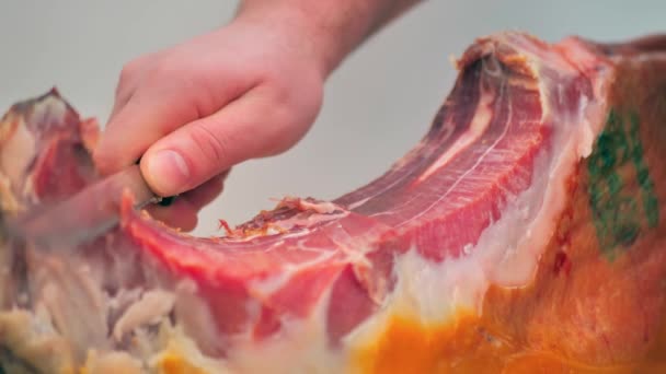 Macro Shot Man Sharply Slicing Traditional Spanish Ham Close Hand — ストック動画