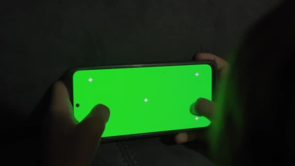 Close Shot Hands Holding Tablet Computer Green Mock Screen Template — Stockvideo