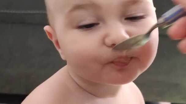 从侧面看母亲用勺子喂9个月大的白人儿子 — 图库视频影像