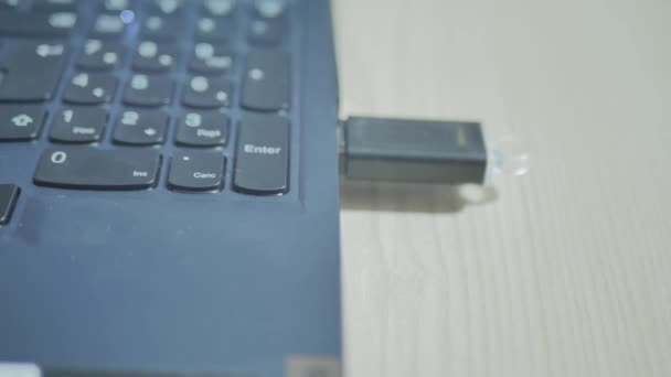Der Flash Stick Wird Den Laptop Eingelegt Aus Nächster Nähe — Stockvideo