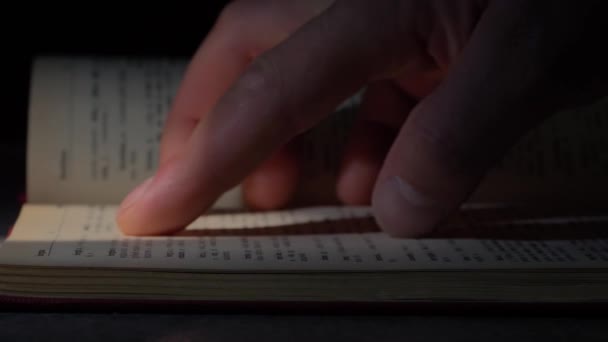 Adam Yavaşça Parmağını Kitabın Sayfasında Gezdiriyor Yavaş Çekim Videosu — Stok video