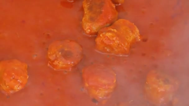 Boiling Sausage Red Pasta Sauce Close — Stock Video