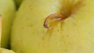 Yeşil bir elmadan akan su damlaları.