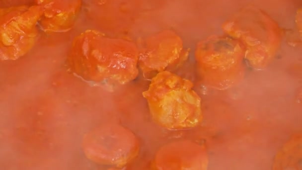イタリアのトマトソースとソーセージのピース クローズアップ — ストック動画