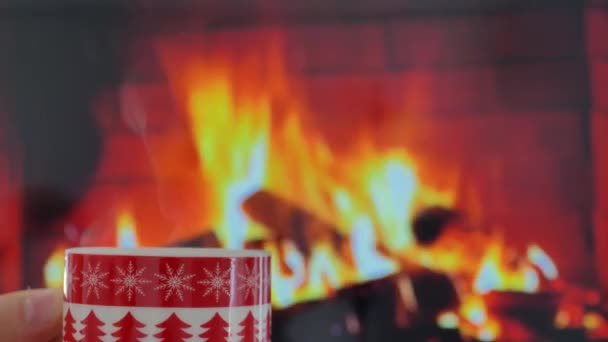 Novoroční Hrnek Kouří Pozadí Krbu — Stock video