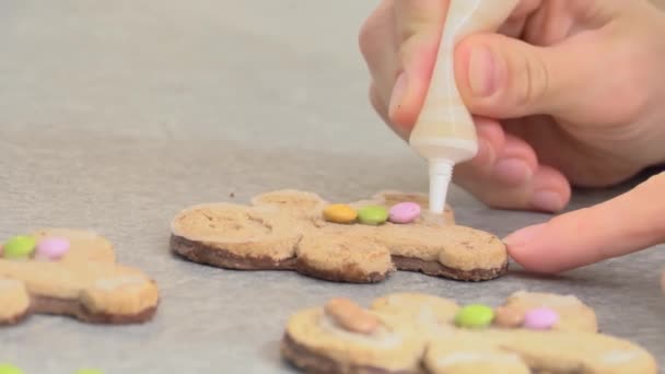 自家製ジンジャーブレッドクリスマスクッキーの装飾 新年フードコンセプト ジンジャーブレッド クローズアップ Uhd — ストック動画