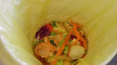 Çöp tenekesinde her gün çöpe atılan atıkları göstermek için mükemmel durumda taze yiyecekler. Organik gıda israfı. Yiyecek Çöp Kutusu