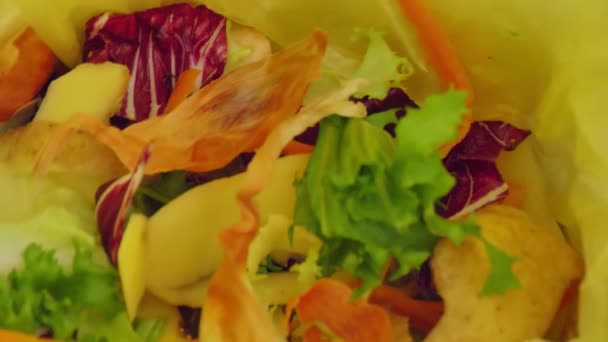Κομποστοποίηση Φρούτων Και Λαχανικών Κουζίνας Όπως Φλούδα Μπανάνας Απόβλητα Πορτοκαλιού — Αρχείο Βίντεο